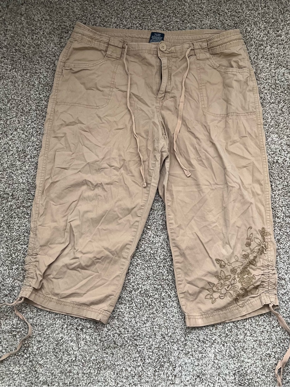 Y2k Faded Glory Tan Drawstring Cargo w/ Floral Embroidery